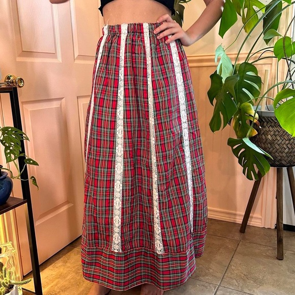 RARE Vintage 70s Mr. Hank Plaid Prairie Maxi Skirt Patchwork Lace Hippie Gypsy - Picture 4 of 12
